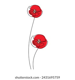 Hand drawn poppy flower icon vector. Linear contour silhouette. One line continuous drawing. Floral design, botanical print, card, wall art poster, logo, doodle, symbol. Abstract cartoon illustration.