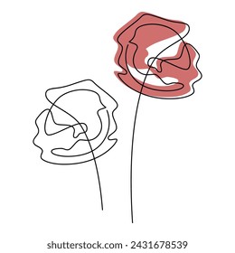 Hand drawn poppy flower rose carnation vector. Linear contour icon. Line continuous drawing. Floral design, botanical print, card, wall art poster, logo, doodle, symbol. Abstract cartoon illustration.