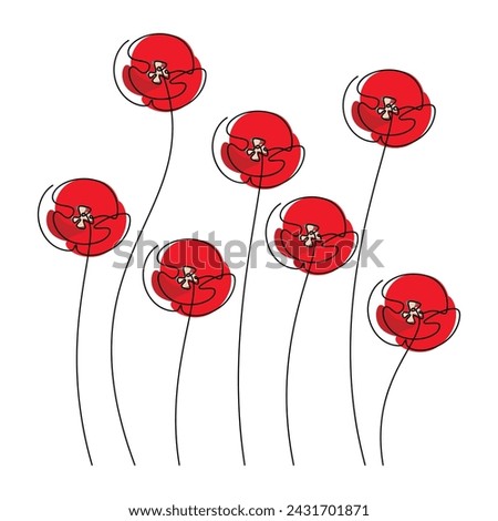 Hand drawn poppy flower set vector. Linear contour silhouette. One line continuous drawing. Floral design, botanical print, card, wall art poster, logo, doodle, symbol. Abstract cartoon illustration.