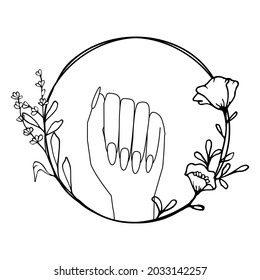 Hand drawn poppy flower wreath in cute doodle style on transparent background and woman's hand. Luxury vector contour illustration for coloring book,print. Copy space for text.