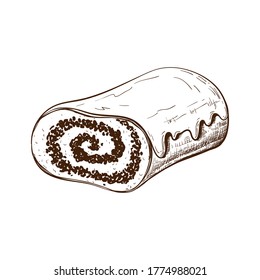 hand drawn poppy seed cake or strudel isolated on white. bun or roll filled with poppy seeds or cinnamon. engraved pastry sketch. Vector illustration of polish traditional dessert. christmas cake