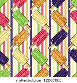 Hand drawn popsicle ice cream seamless pattern on bright colored stripes background. Refreshing summer snack, delicious dessert food on stick for textile fabric backdrop. Vector sketch illustration