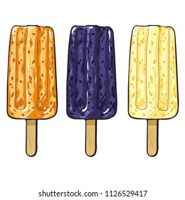 Hand drawn popsicle ice cream set with orange, blackberry and vanilla flavour. Refreshing summer snack, delicious dessert food on stick. Vector sketch isolated illustration