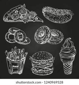 Hand drawn popular fast food on blackboard vector illustration. Fast food menu blackboard, sandwich and snack