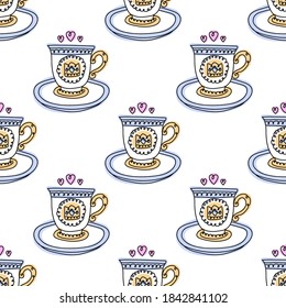 Hand drawn porcelain ceramic cup with saucer. Crown, emblem, girly style logo seamless pattern with hearts.
