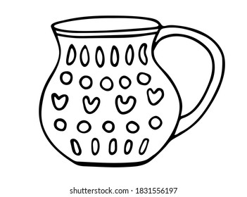 Hand drawn porcelain cup with pattern. Sketch drawing of ceramic mug. Doodle black on white vector illustration.