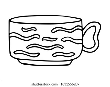 Hand drawn porcelain cup with pattern. Sketch drawing of ceramic mug. Doodle black on white vector illustration.