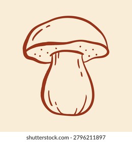 Hand drawn porcini mushroom in minimal doodle line art style. Clean outline forest fungi illustration isolated on beige background.