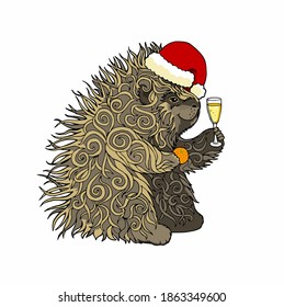 Hand drawn porcupine with champagne and mandarin. Greeting card Merry Christmas and Happy New Year template. Ideal for card, poster, invitation, brochure. Vector illustration isolated on white.