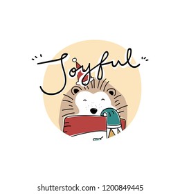 Hand drawn porcupine enjoying a Christmas holiday