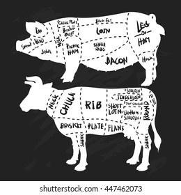 Hand drawn pork and beef cuts diagram and butchery set on black background. Drawing Vector illustration.