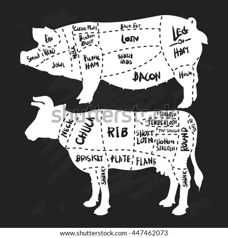 Hand drawn pork and beef cuts diagram and butchery set on black background. Drawing Vector illustration.