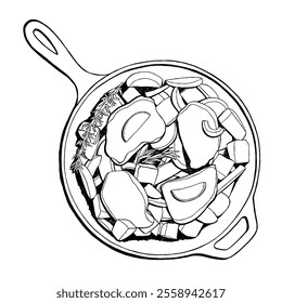 Hand drawn pork meat dinner with vegetables on skillet, vector doodle illustration in sketch style on white background