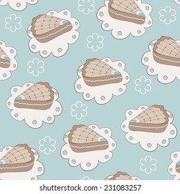 Hand drawn portion of cakes seamless pattern. Blue background