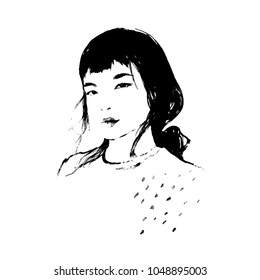 Hand Drawn Portrait Of An Asian Girl