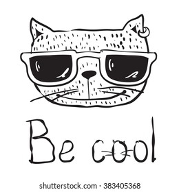 Hand drawn portrait avatar of Cool Cat with sunglasses. Vector isolated elements. Be cool.