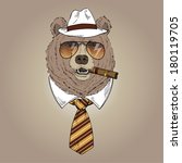 Hand drawn portrait of bear in fedora hat, tie, sunglasses and cigar