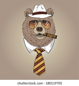 Hand drawn portrait of bear in fedora hat, tie, sunglasses and cigar