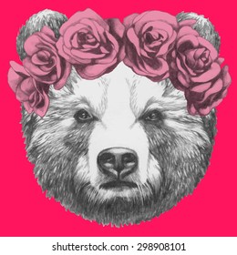 Hand drawn portrait of Bear with floral head wreath. Vector isolated elements.