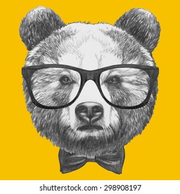 Hand drawn portrait of Bear with glasses and bow tie. Vector isolated elements.