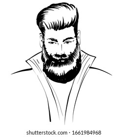 Hand drawn portrait of bearded man full face. Vector sketch black and white