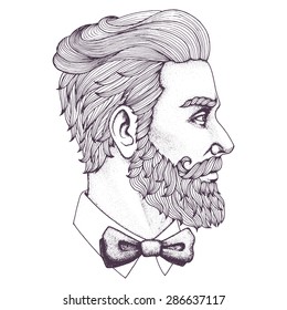 Hand drawn portrait of bearded man side-view. Vector illustration. 