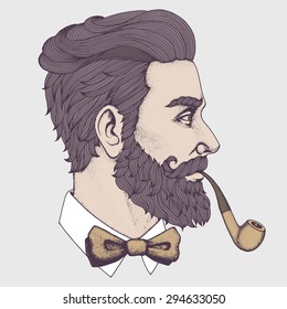 Hand drawn portrait of bearded man with pipe side-view. Vector illustration.