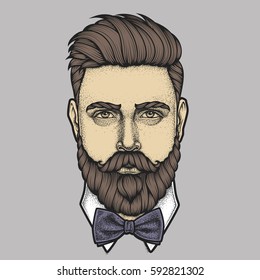 Hand drawn portrait of bearded man full face. Vector illustration.