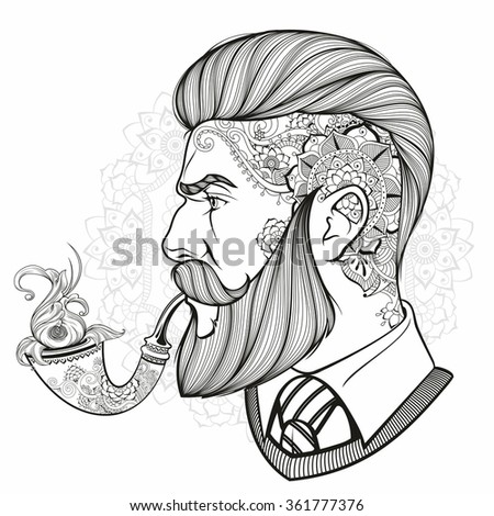 Hand drawn portrait of bearded man with pipe side-view