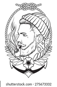 Hand drawn portrait of bearded and tattooed sailor with tobacco pipe.