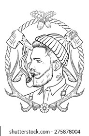 Hand drawn portrait of bearded and tattooed lumberjack with tobacco pipe.