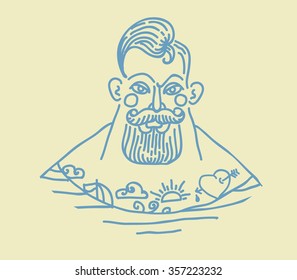 Hand drawn portrait of bearded and tattooed sailor 