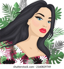 
Hand drawn portrait of beautful summer women. Vector flat illustration.