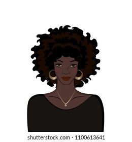 Hand Drawn Portrait of Beautiful Black Woman Isolated on White Background. Vector Illustration 