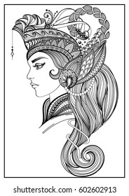 Hand drawn portrait of a bohemian goddess with ornate crown. Design for adult coloring page, t shirt, tattoo, card. Religion, occultism, spirituality, shaman woman. Isolated vector illustration.