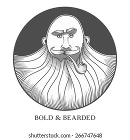Hand drawn portrait of bold and bearded man with smoking pipe.