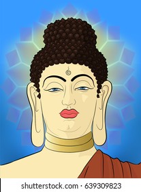 Hand drawn portrait of Buddha Siddhartha Gautama with mandala on background. Artwork.