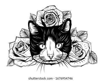 Hand drawn portrait of Cat with floral head wreath.
