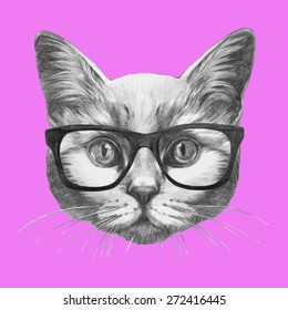 Hand drawn portrait of Cat with glasses. Vector isolated elements.