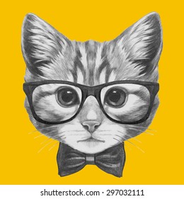 Hand drawn portrait of Cat with glasses and bow tie. Vector isolated elements.