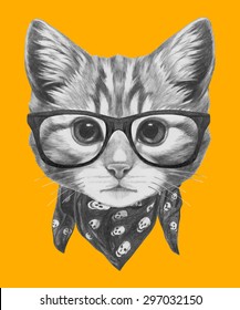 Hand drawn portrait of Cat with glasses and scarf. Vector isolated elements.