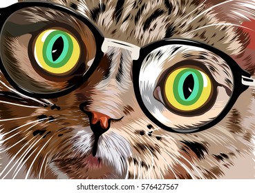 Hand drawn portrait of Cat with glasses. Vector