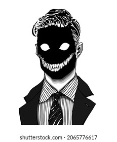 Hand drawn portrait of a creepy handsome man with scary monster face with white feline eyes and sharp teeth smile. Head in modern and surreal tattoo art. Isolated vector illustration.