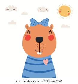 Hand drawn portrait of a cute beaver in shirt and ribbon, with sun and clouds. Vector illustration. Isolated objects on white background. Scandinavian style flat design. Concept for children print.