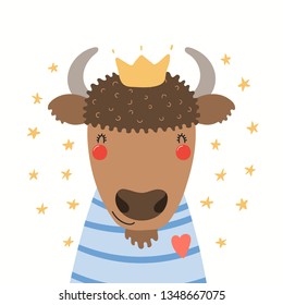 Hand drawn portrait of a cute bison in shirt and crown, with stars. Vector illustration. Isolated objects on white background. Scandinavian style flat design. Concept for children print.
