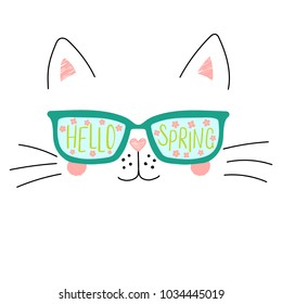 Hand drawn portrait of a cute cartoon funny cat in sunglasses with cherry blossoms reflection, text Hello Spring. Isolated objects on white background. Vector illustration. Design change of seasons.