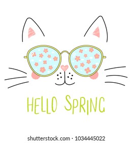 Hand drawn portrait of a cute cartoon funny cat in sunglasses with cherry blossoms reflection, text Hello Spring. Isolated objects on white background. Vector illustration. Design change of seasons.