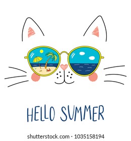 Hand drawn portrait of a cute cartoon funny cat in sunglasses with beach scene reflection, text Hello Summer. Isolated objects on white background. Vector illustration. Design change of seasons.