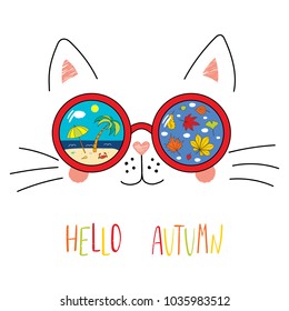 Hand drawn portrait of a cute cartoon funny cat in sunglasses with beach scene, leaves reflection, text Hello Autumn. Isolated objects on white background. Vector illustration. Design seasons change.