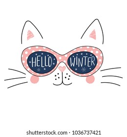 Hand drawn portrait of a cute cartoon funny cat in sunglasses with snowflakes reflection, text Hello Winter. Isolated objects on white background. Vector illustration. Design for change of seasons.